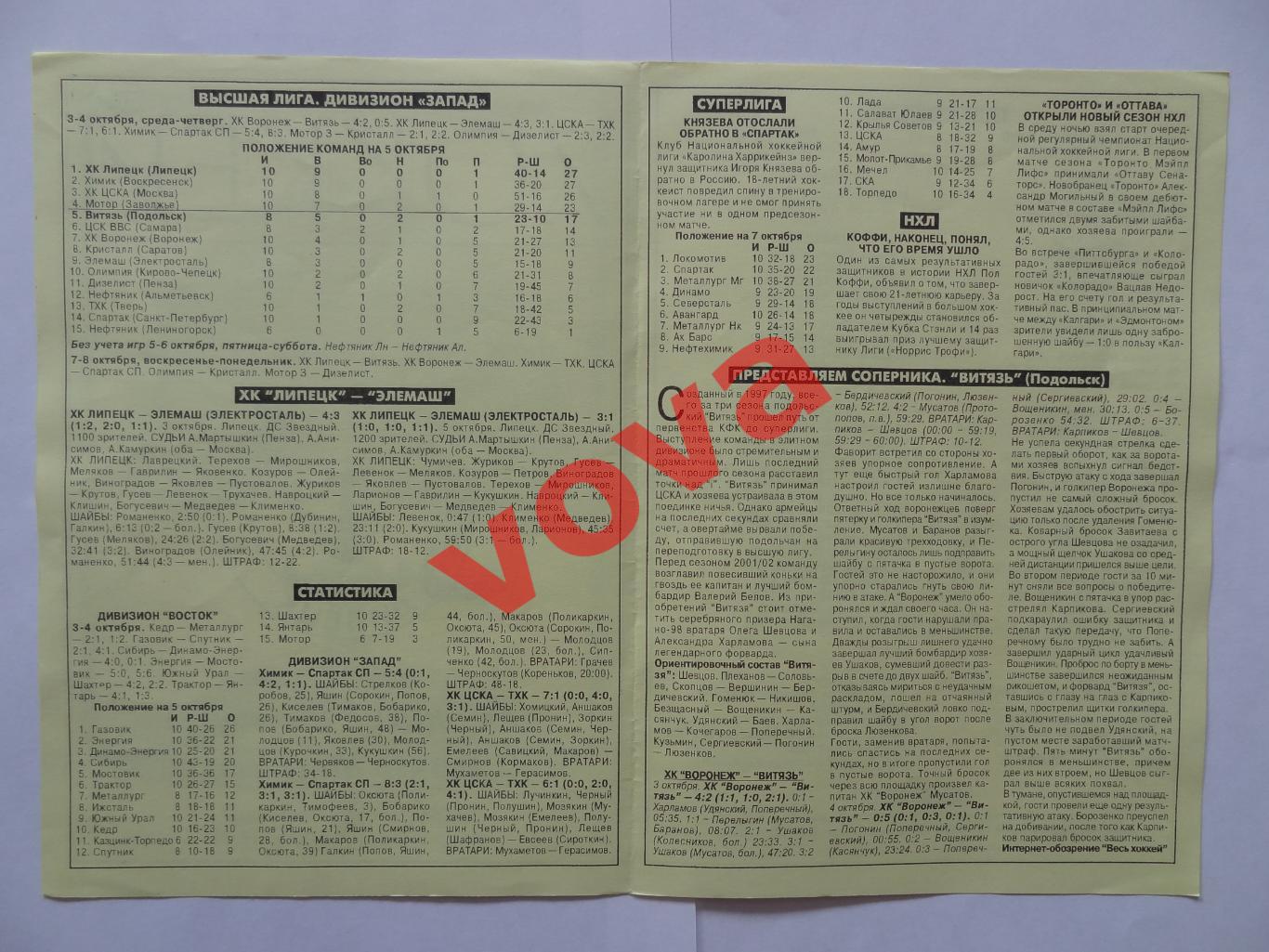 07,08.10.2001г.Высшая лига.ХК Липецк-Витязь(Подольск) 1