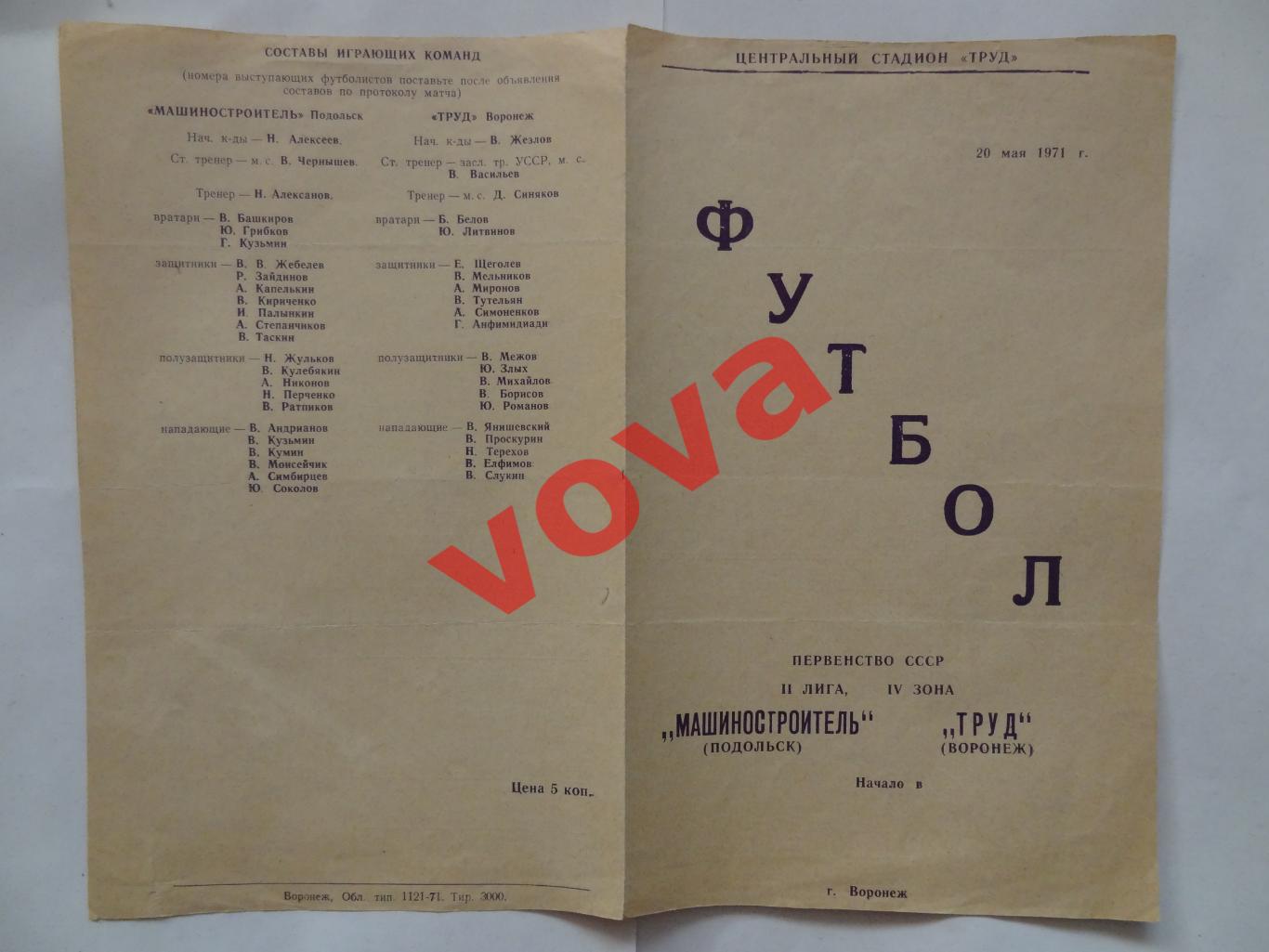 20.05.1971г.Первенство СССР.II лига.Труд(Воронеж)-Машиностроитель(Подольск)