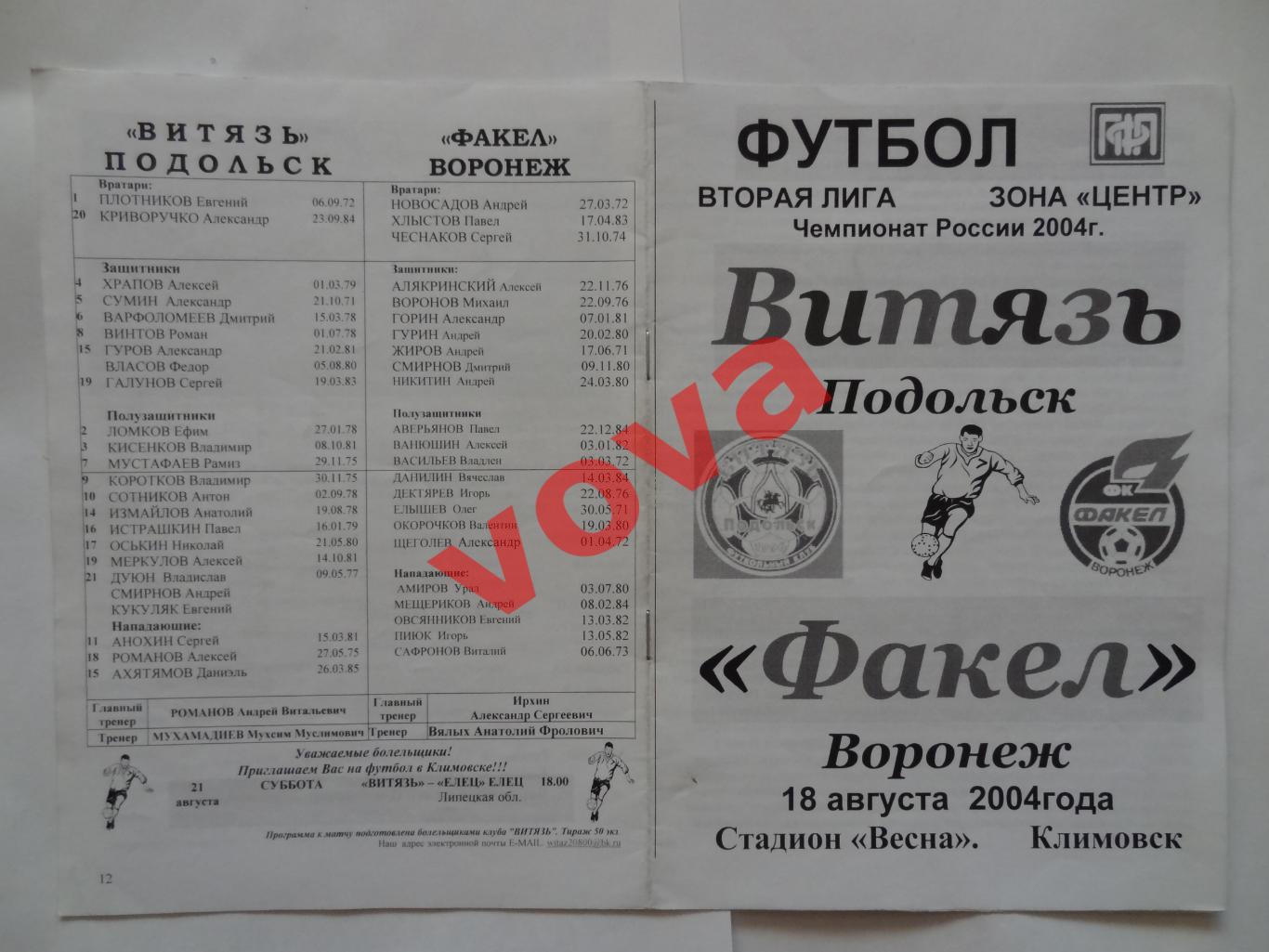 18.08.2004г.Первенство России.II дивизион.Витязь(Подольск)-Факел(Воронеж)