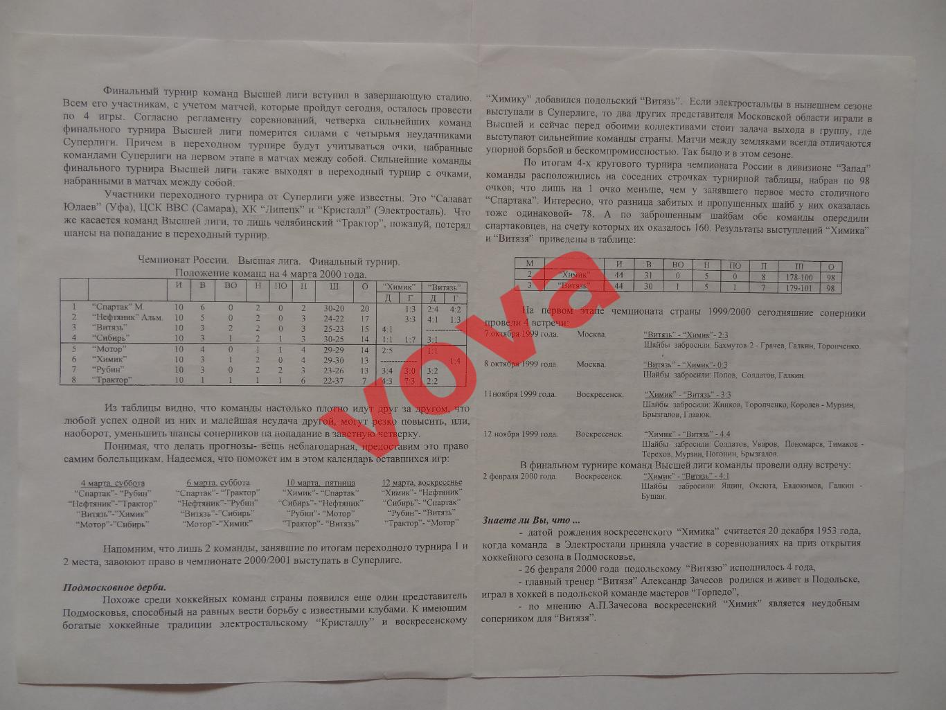 04.03.2000г.Высшая лига.Витязь(Подольск)-Химик(Воскресенск) 1