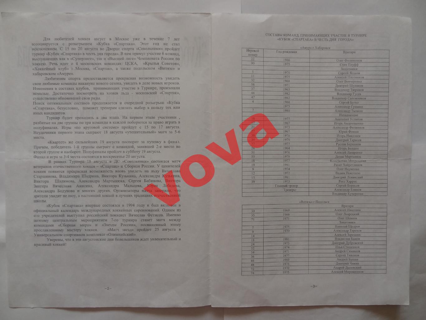 2000г.Кубок Спартака.Спартак(Москва),Амур,Витязь(Подольск),Крылья Советов,ЦСКА 1