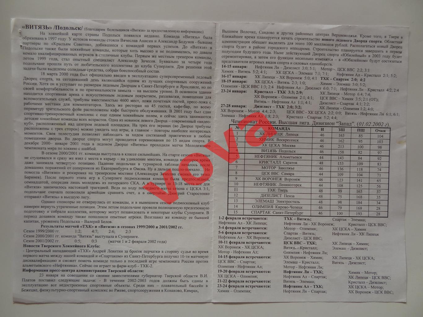 01,02.02.2002г.Высшая лига.ТХК(Тверь)-Витязь(Подольск) 1