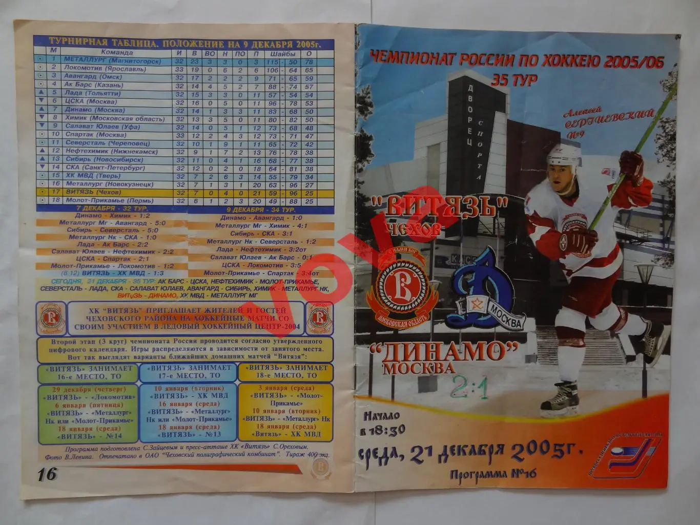 21.12.2005г.Суперлига.Витязь(Чехов)-Динамо(Москва)+2 билет