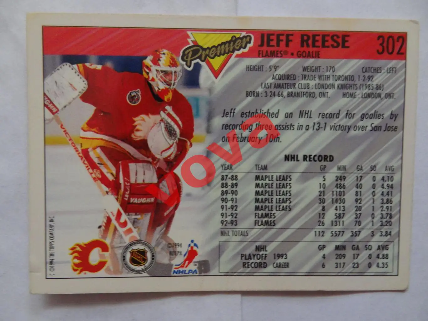1994г.NHL.Premier.Jeff Reese.Flames. 1
