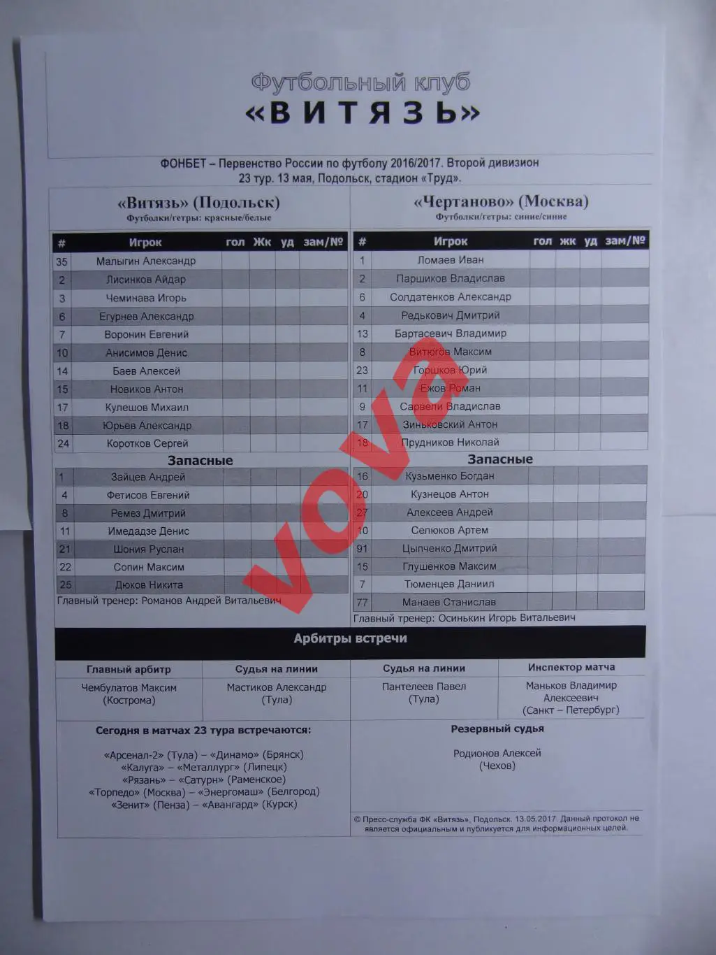 Протокол.13.05.2017г.II дивизион.Витязь(Подольск)-Чертаново(Москва)