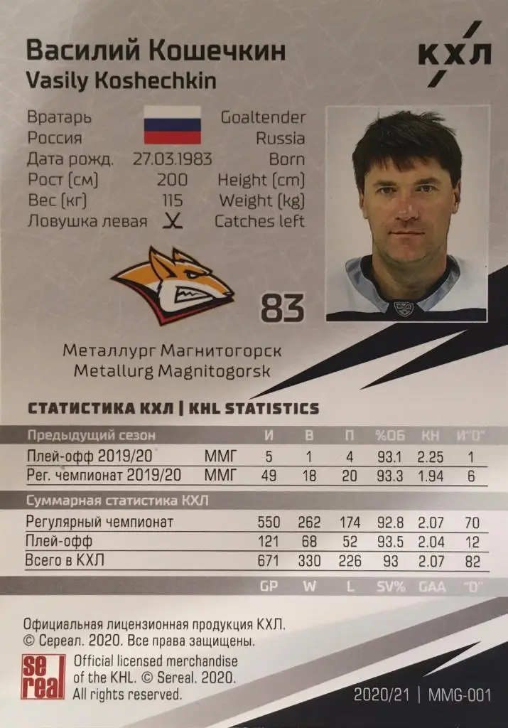 Хоккей. Карточка Василий Кошечкин Металлург Магнитогорск КХЛ/KHL сезон 2020/21 1