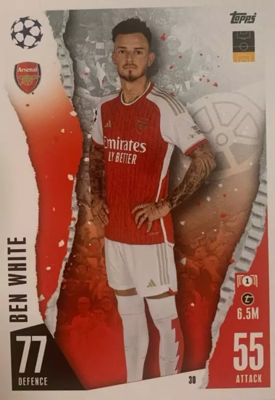 Футбол. Карточка Бен Уайт Арсенал, Лидс, Брайтон Лига Чемпионов 2023/24 Topps