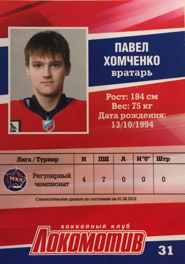 Хоккей. Карточка Павел Хомченко Локомотив Ярославль ВХЛ, МХЛ сезон 2011-2012 1
