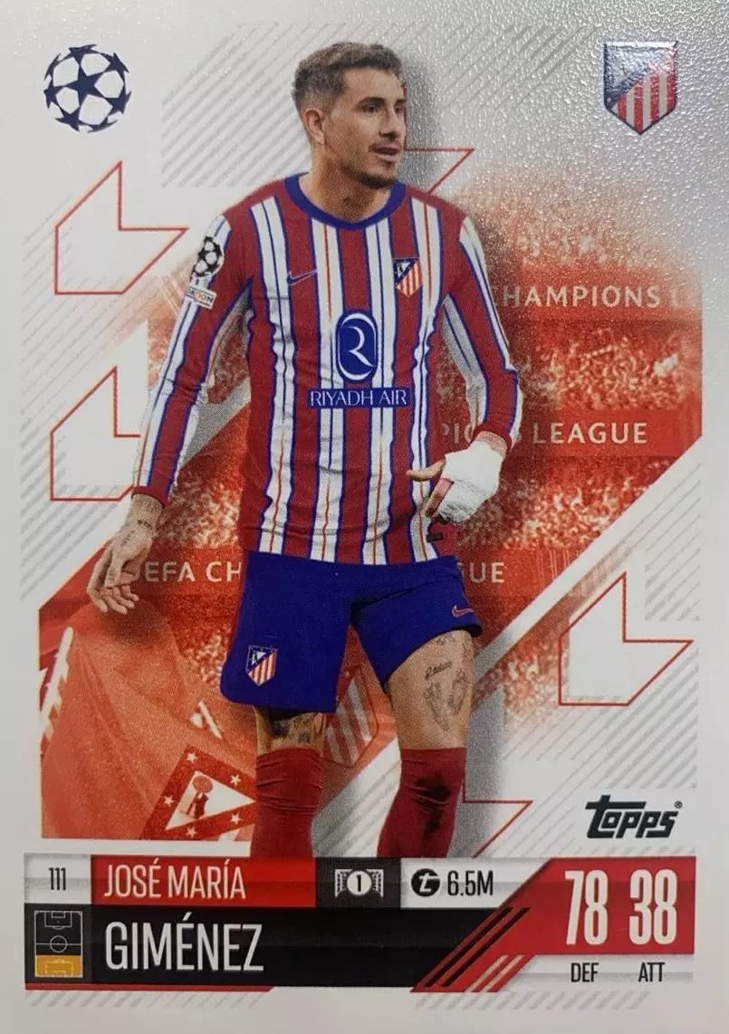 Футбол. Карточка Хосе Мария Хименес Атлетико Мадрид Лига Чемпионов 2024-25 TOPPS