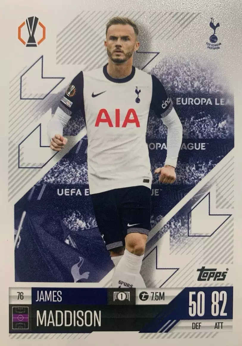 Футбол. Карточка Джеймс Мэддисон Тоттенхэм Хотспур, Лестер Лига Европы 2024-25
