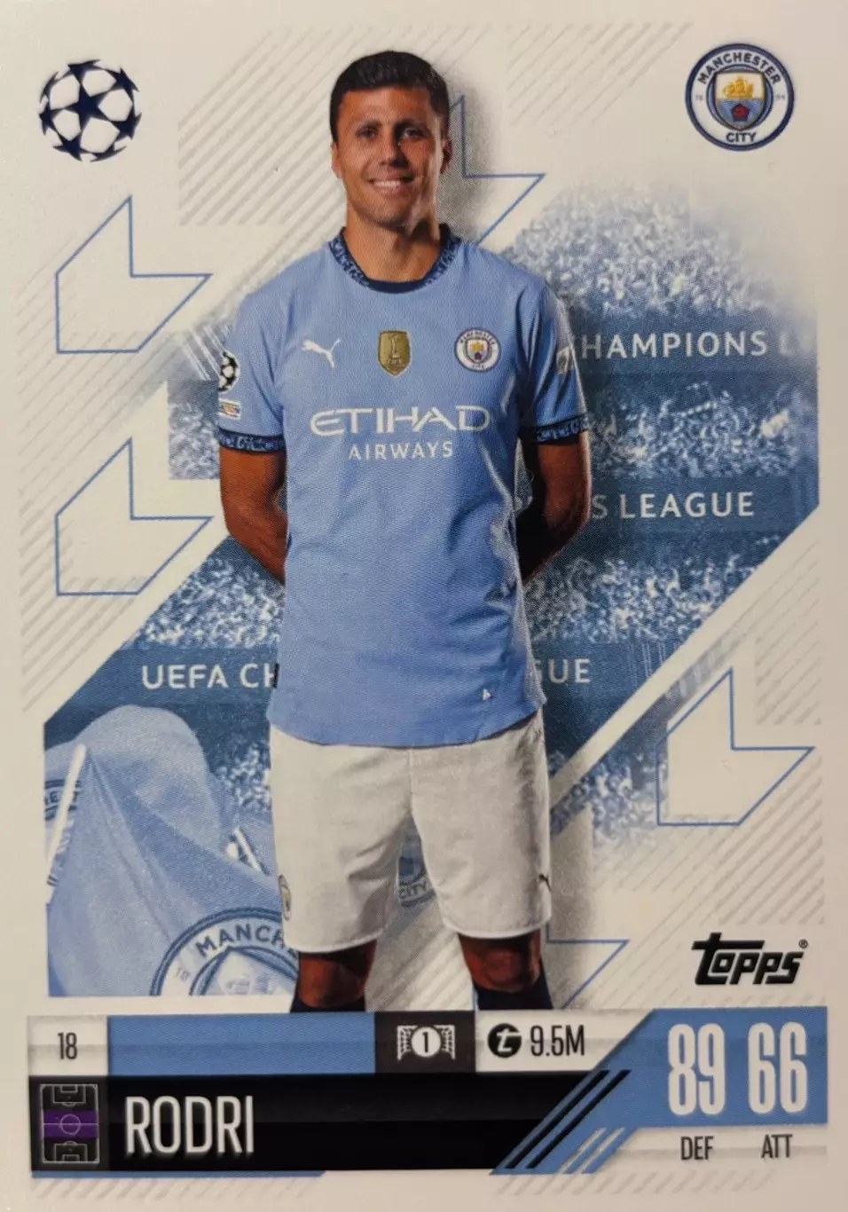 Карточка Rodri/Родри Манчестер Сити,Атлетико Мадрид Лига Чемпионов 2024-25 TOPPS