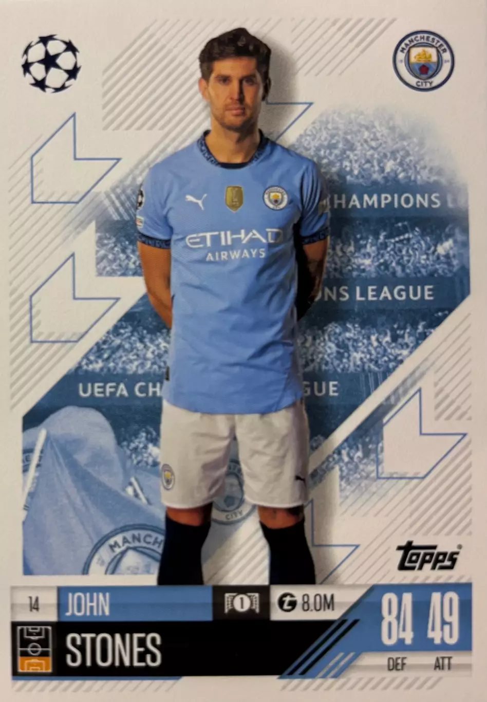 Футбол Карточка Джон Стоунз Манчестер Сити, Эвертон Лига Чемпионов 2024/25 TOPPS