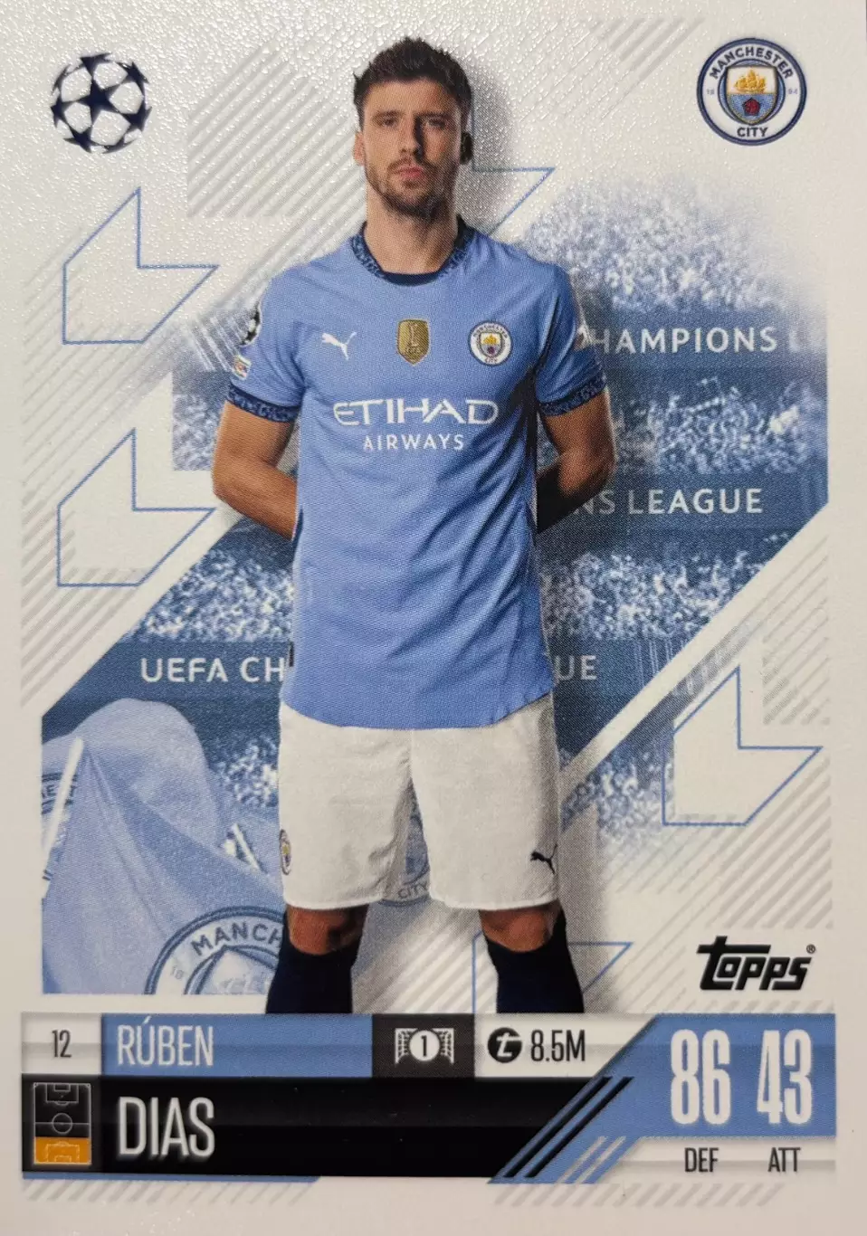 Футбол. Карточка Рубен Диаш Манчестер Сити, Бенфика Лига Чемпионов 2024-25 TOPPS