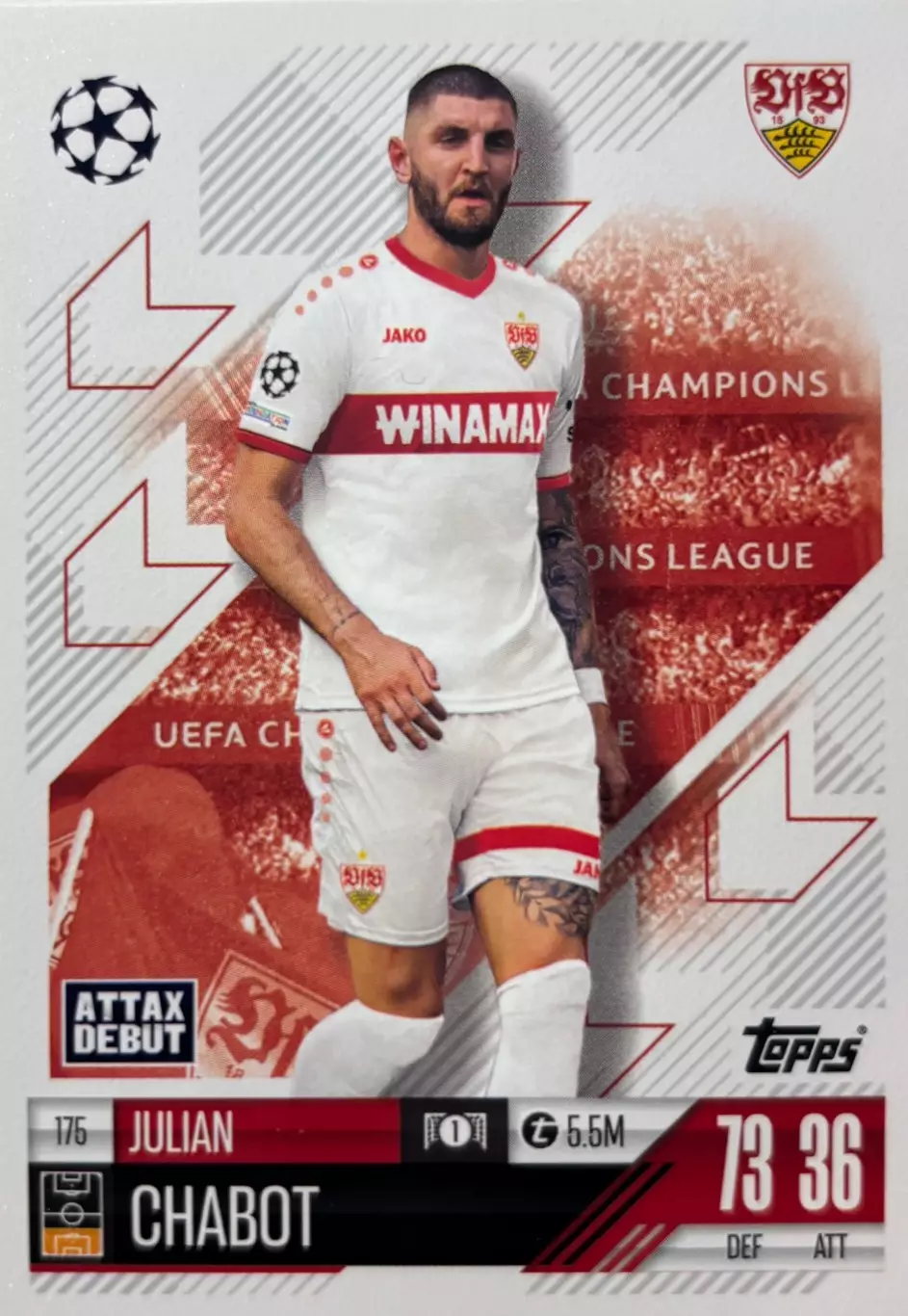 Футбол. Карточка Джефф Шабо Штутгарт, Кельн, Специя Лига Чемпионов 2024/25 TOPPS