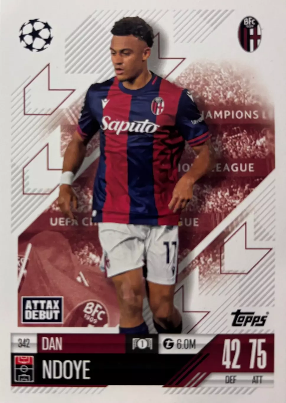 Футбол. Карточка Дан Ндойе Болонья, Ницца, Базель Лига Чемпионов 2024/25 TOPPS