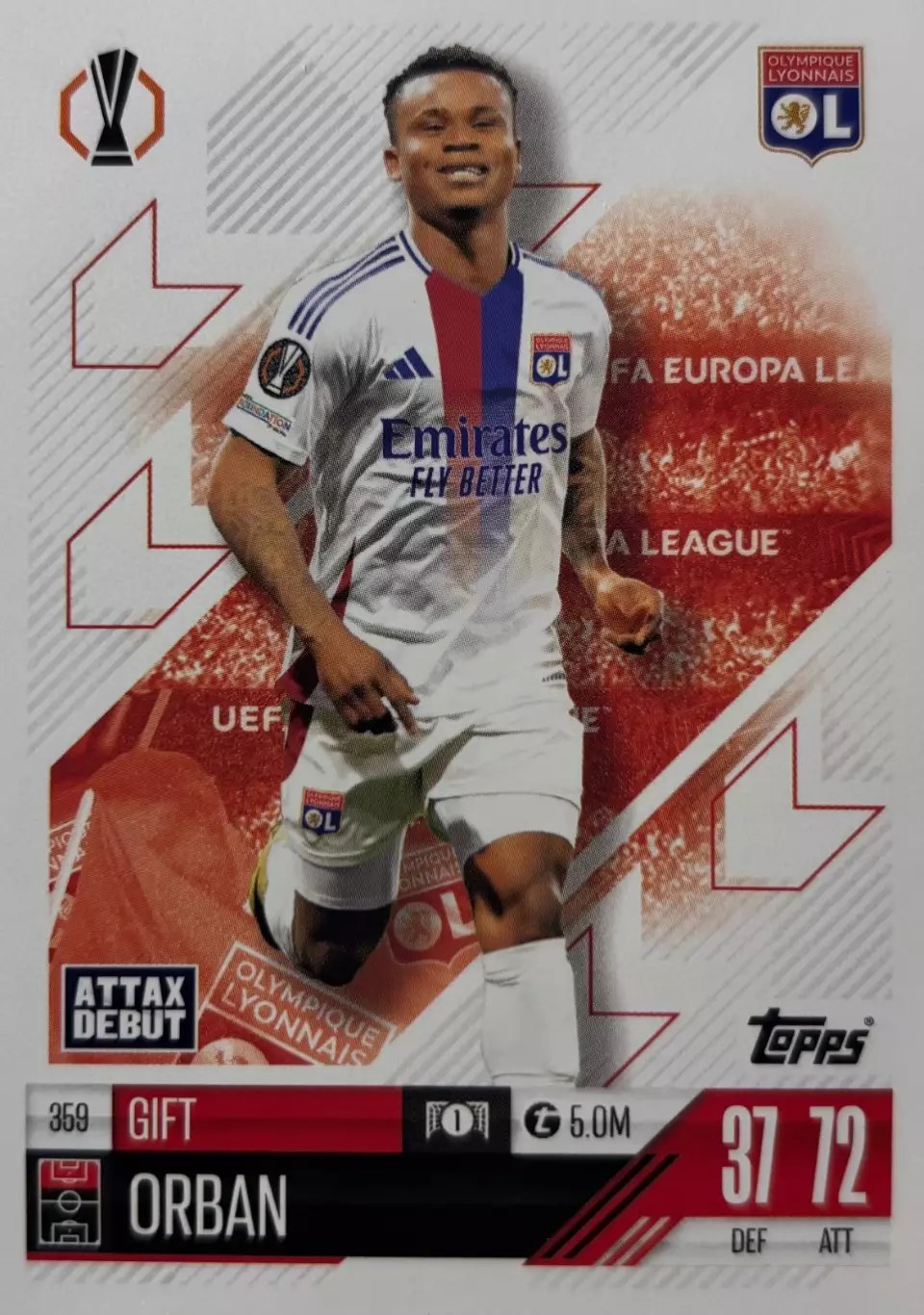 Футбол. Карточка Гифт Орбан Олимпик Лион, Хоффенхайм Лига Европы 2024/25 TOPPS