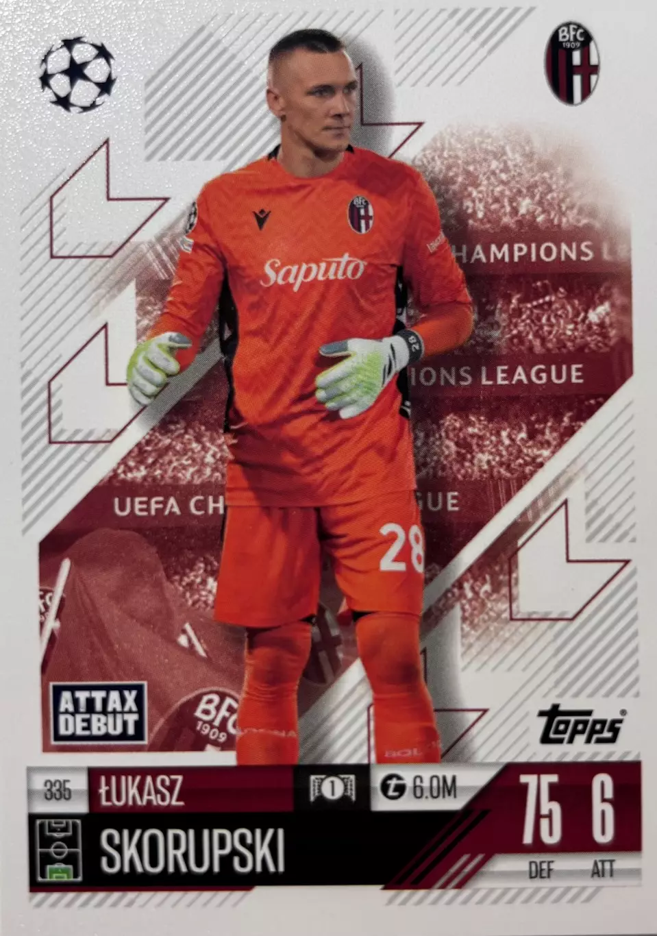 Футбол. Карточка Лукаш Скорупский Болонья, Рома,Рух Лига Чемпионов 2024/25 TOPPS