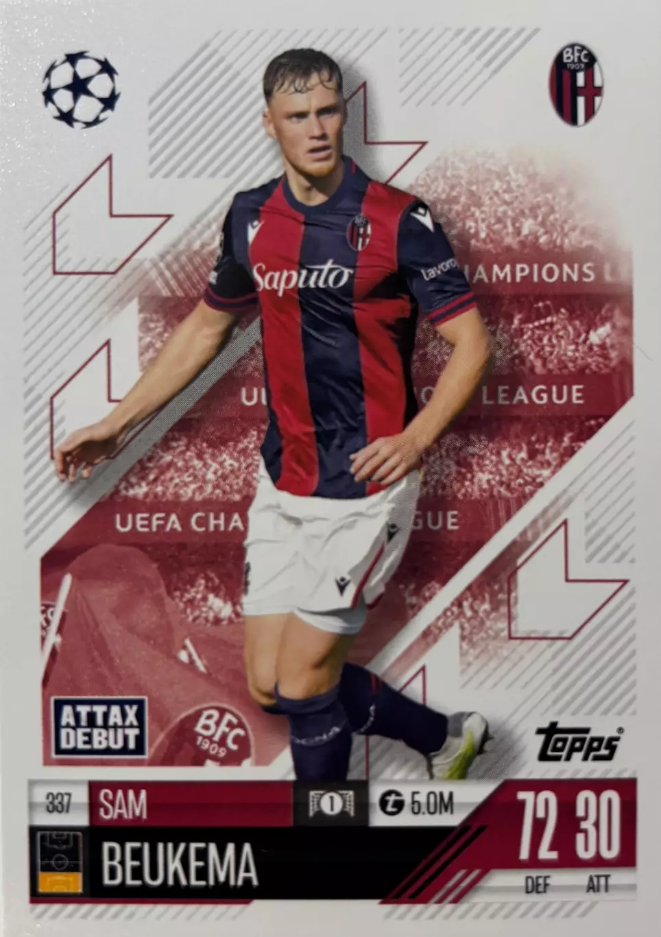 Футбол. Карточка Сам Бекема Болонья, Наполи, Твенте Лига Чемпионов 2024/25 TOPPS