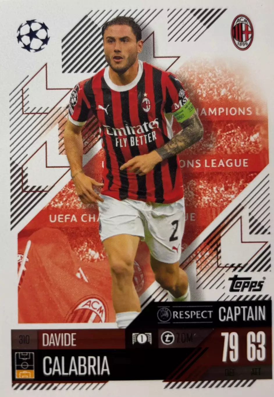 Футбол. Карточка Давиде Калабрия Милан, Болонья Лига Чемпионов 2024-25 TOPPS