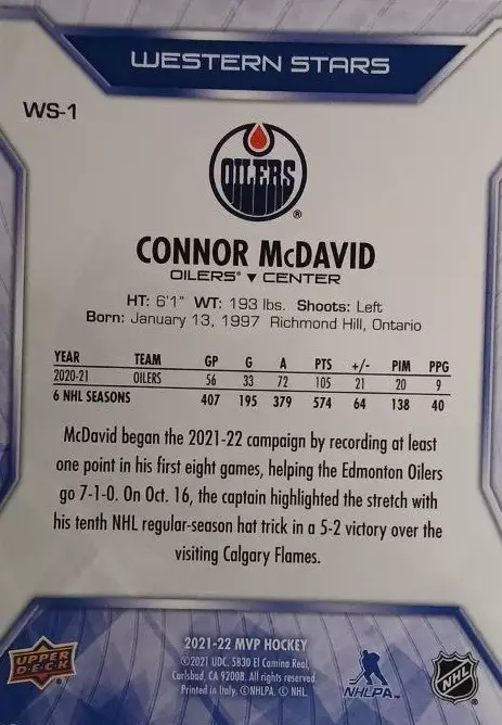 Хоккей. Карточка Connor McDavid-Коннор Макдэвид Edmonton Oilers/Эдмонтон НХЛ/NHL 1