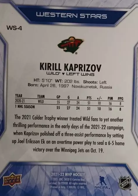 Карточка Кирилл Капризов Minnesota Wild / Миннесота, Салават Юлаев, ЦСКА НХЛ КХЛ 1