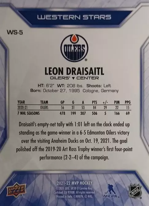 Хоккей. Карточка Leon Draisaitl-Леон Драйзайтль Edmonton Oilers-Эдмонтон НХЛ NHL 1