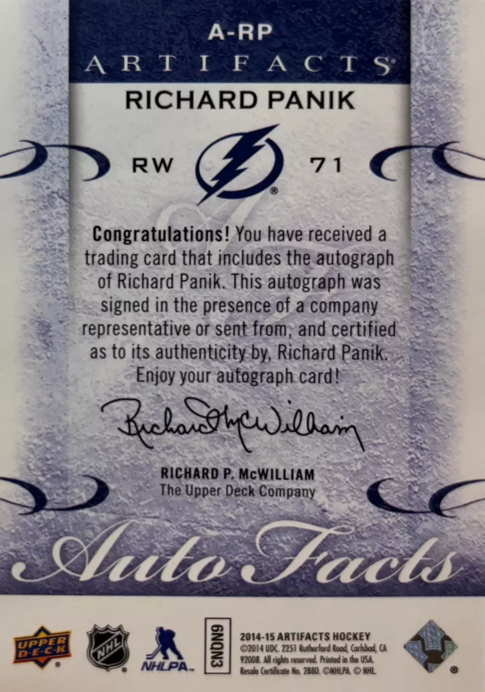 Карточка автограф Рихард Паник Тампа-Бэй Лайтнинг, Локомотив Ярославль НХЛ/КХЛ 1
