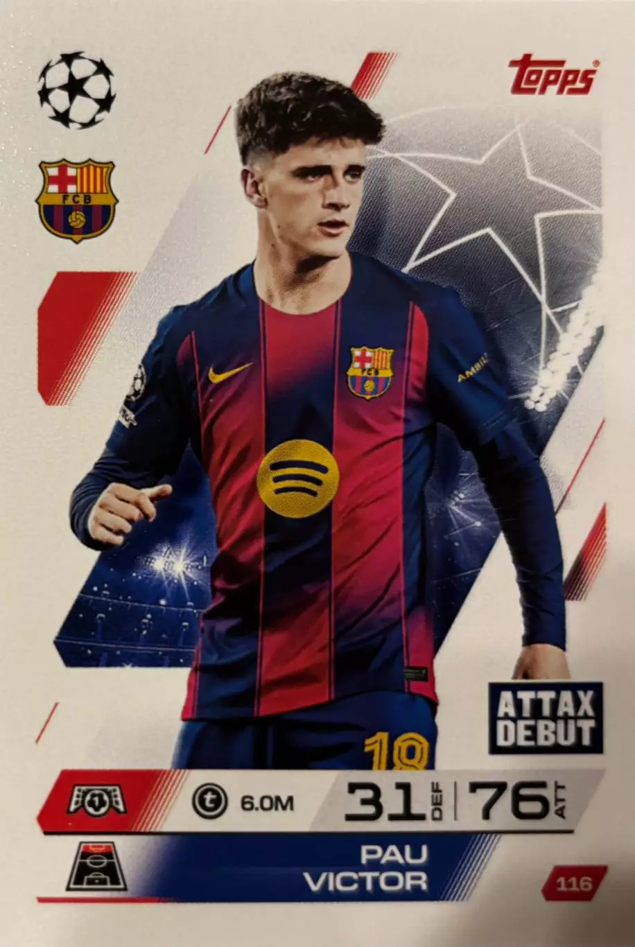 Футбол Карточка Пау Виктор Барселона, Брага, Жирона Лига Чемпионов 2025-26 TOPPS