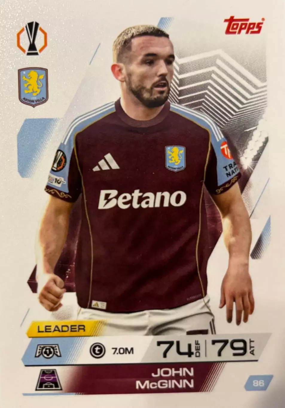 Футбол. Карточка John McGinn/Джон Макгинн Астон Вилла Лига Европы 2025-26 TOPPS