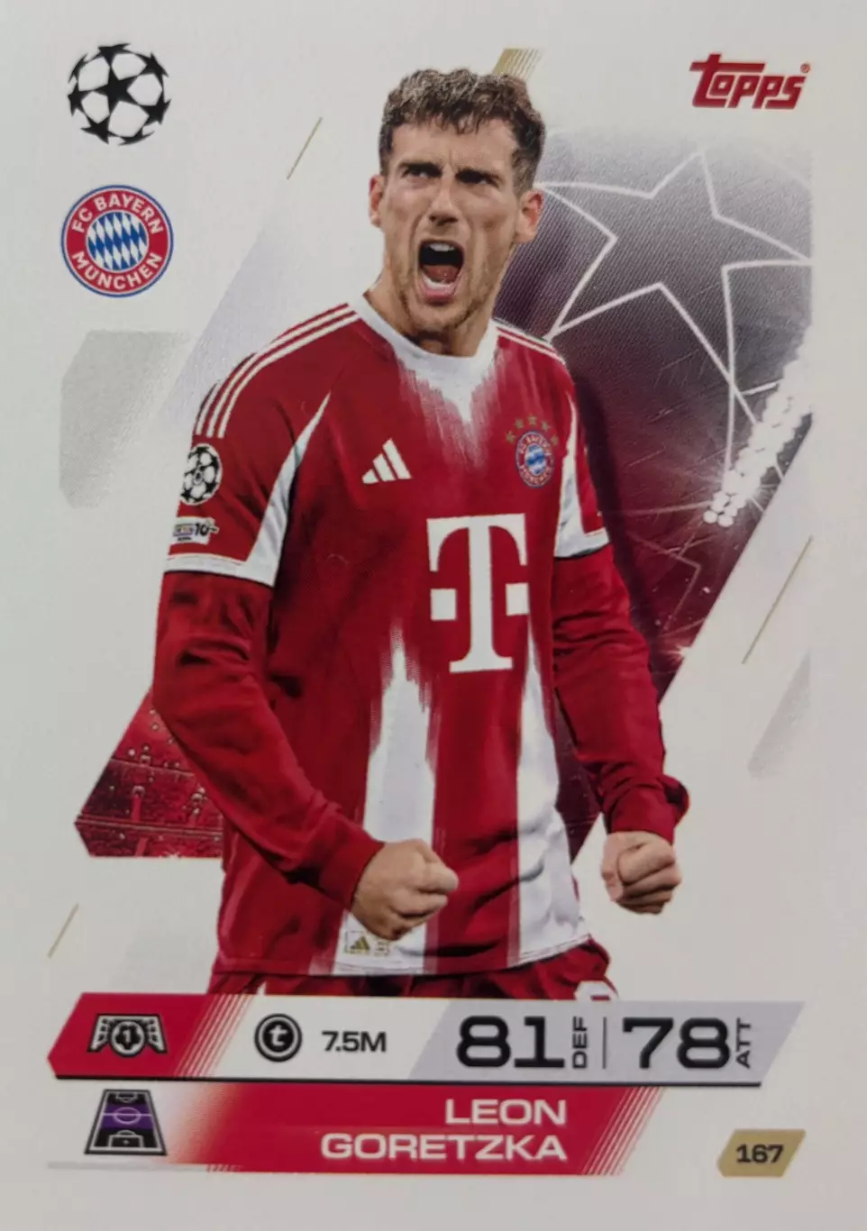 Футбол. Карточка Леон Горецка Бавария Мюнхен, Шальке 04 Лига Чемпионов 2025-26