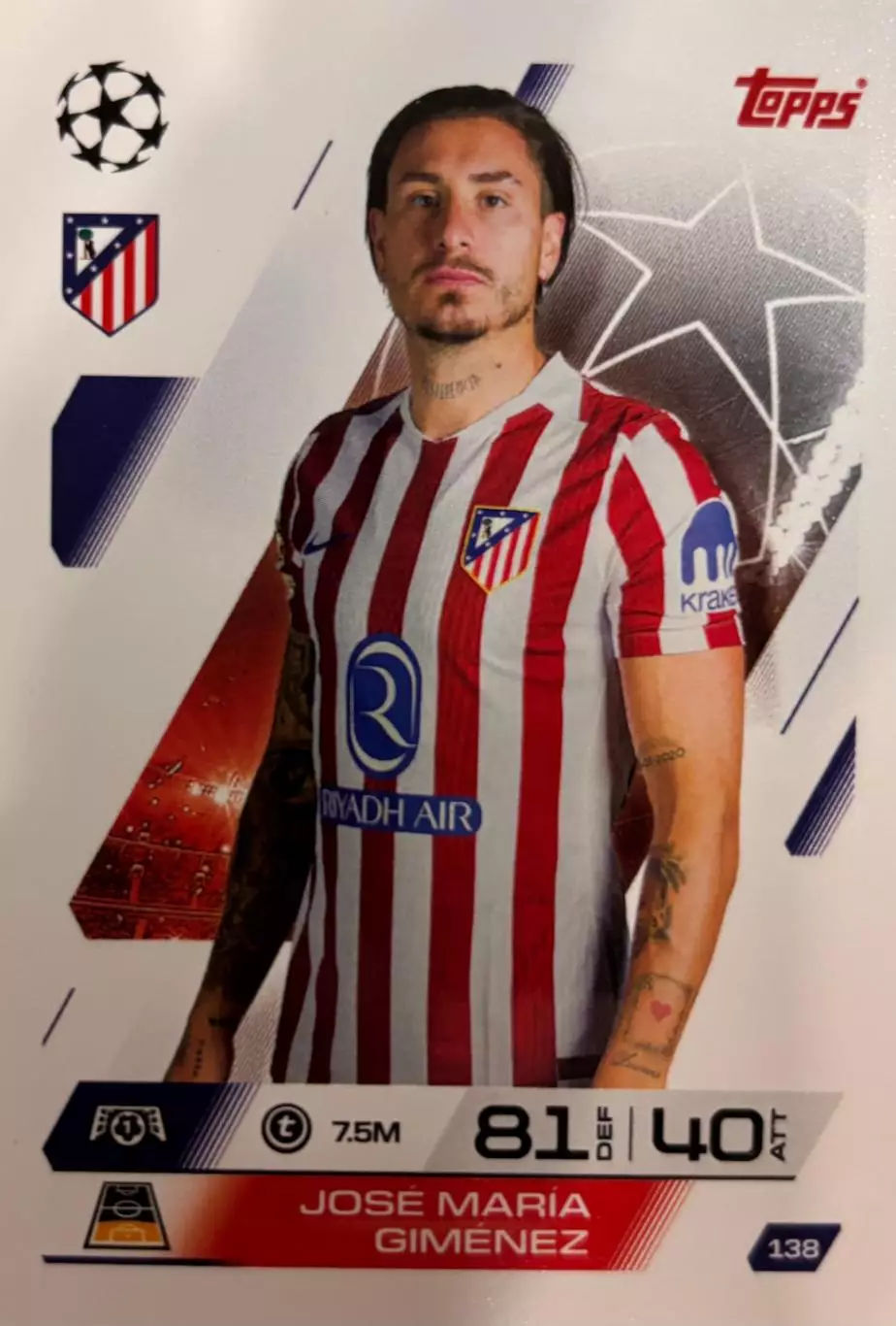 Футбол. Карточка Хосе Мария Хименес Атлетико Мадрид Лига Чемпионов 2025-26 TOPPS