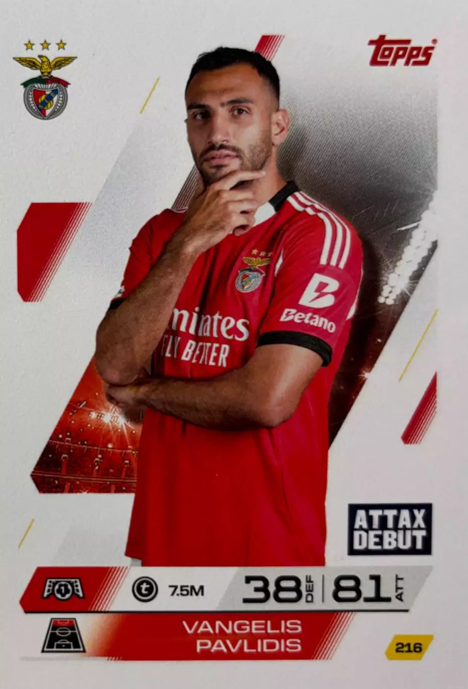 Футбол. Карточка Вангелис Павлидис Бенфика, АЗ Лига Чемпионов 2025-26 TOPPS