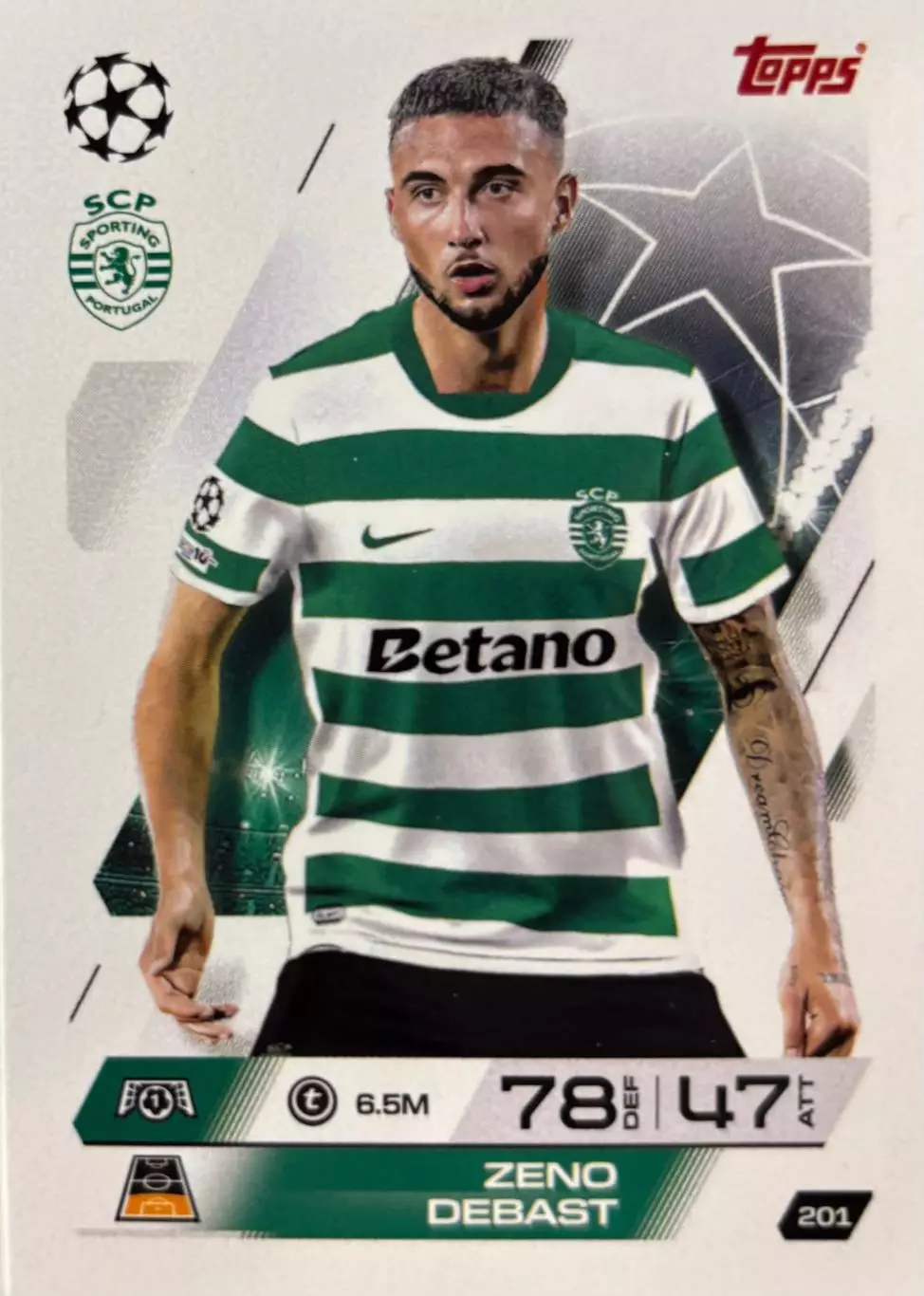 Футбол. Карточка Зено Дебаст Спортинг, Андерлехт Лига Чемпионов 2025-26 TOPPS