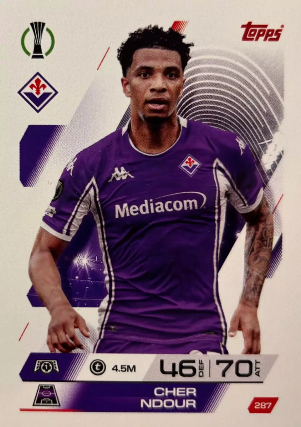 Футбол. Карточка Шер Ндур Фиорентина, ПСЖ, Бенфика Лига Конференций 2025-26