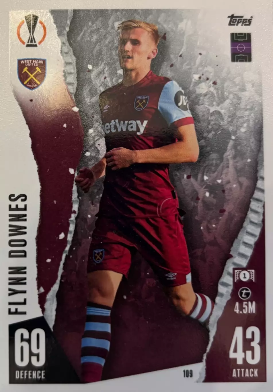 Футбол. Карточка Флинн Даунс Вест Хэм, Саутгемптон Лига Европы 2023/24 TOPPS