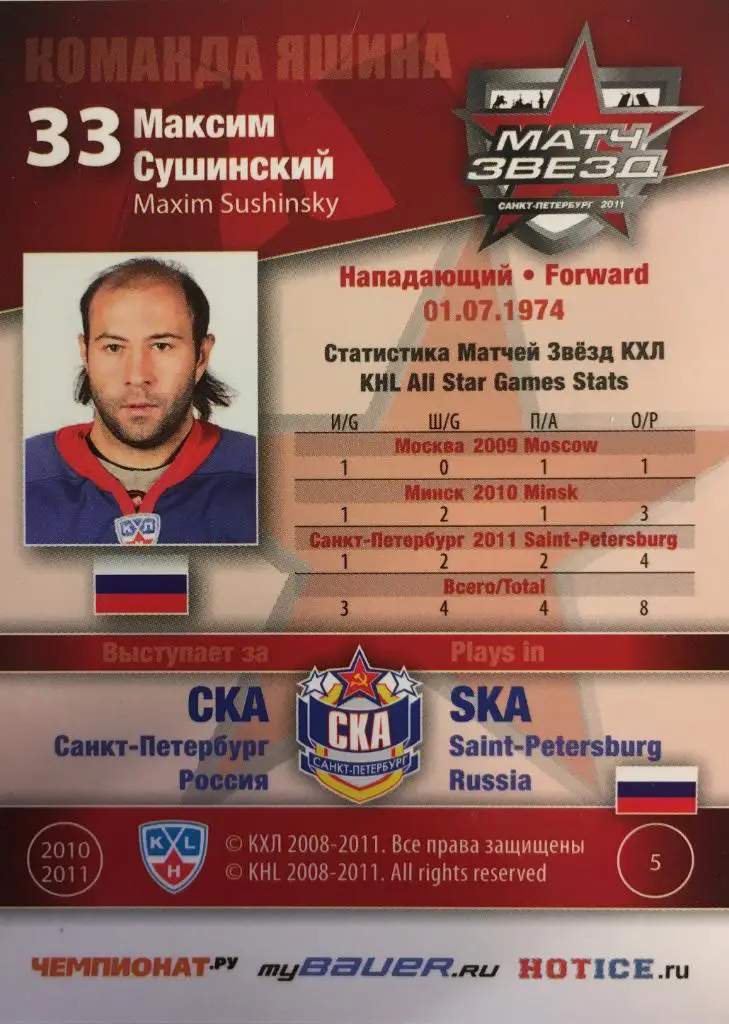 Хоккей. Карточка Максим Сушинский СКА Санкт-Петербург Матч звезд КХЛ 2011 SeReal 1