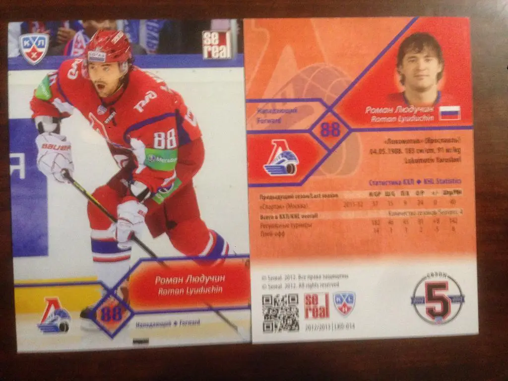 Хоккей.Карточка Роман Людучин Локомотив Ярославль КХЛ сезон 2012-2013