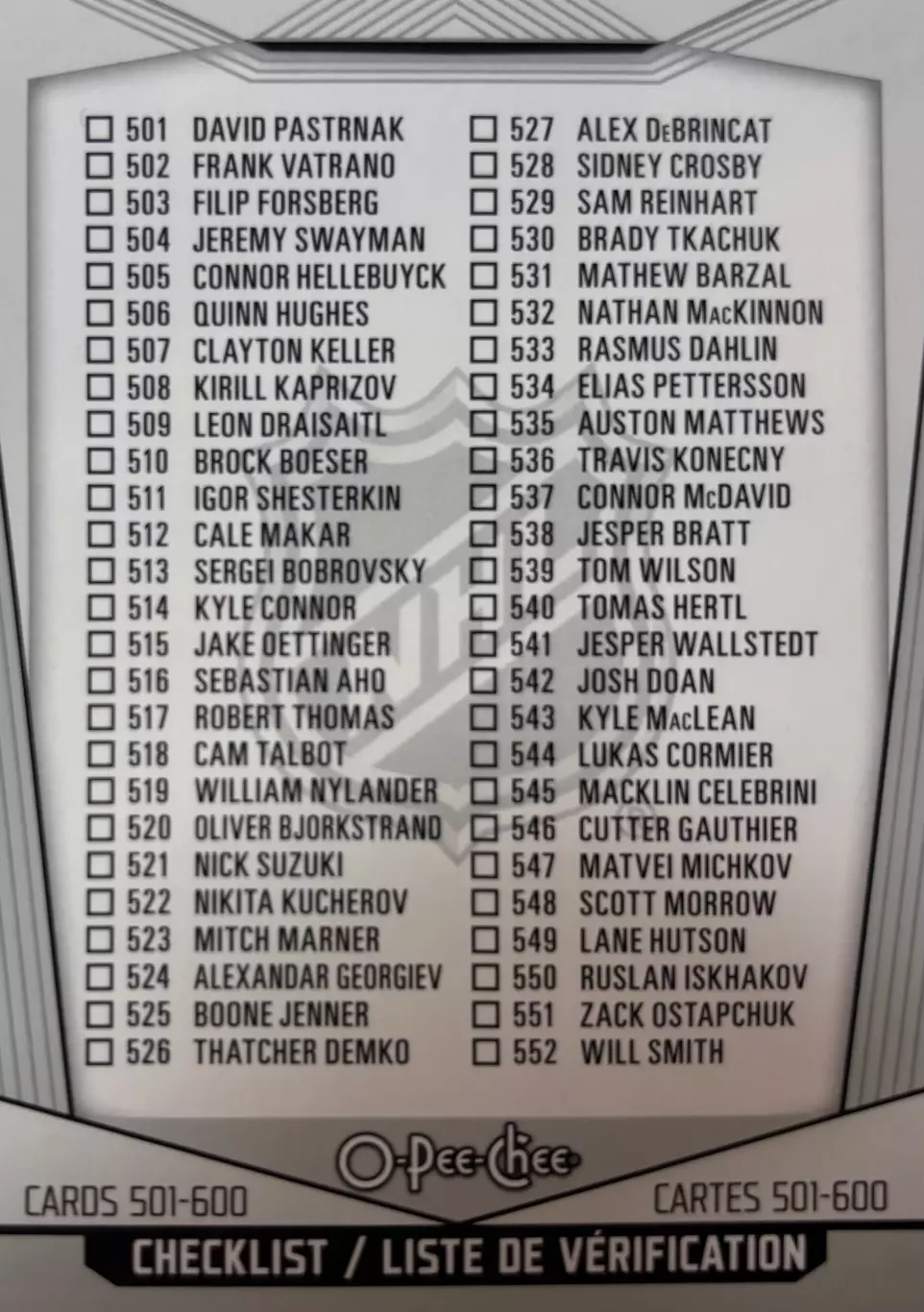 Хоккей. Карточка Checklist/Чеклист коллекции 2024-2025 O-Pee-Chee Hockey НХЛ/NHL