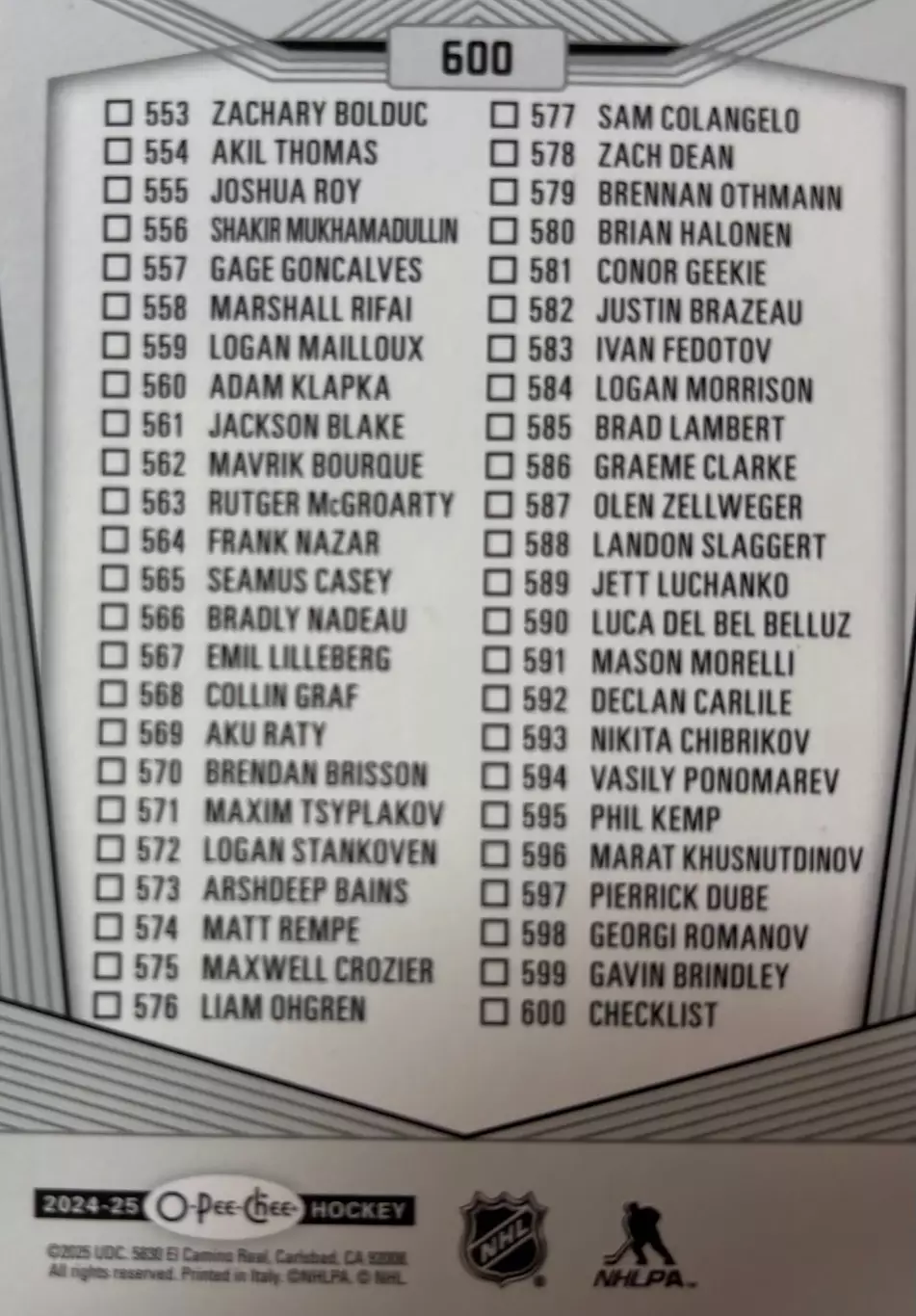 Хоккей. Карточка Checklist/Чеклист коллекции 2024-2025 O-Pee-Chee Hockey НХЛ/NHL 1