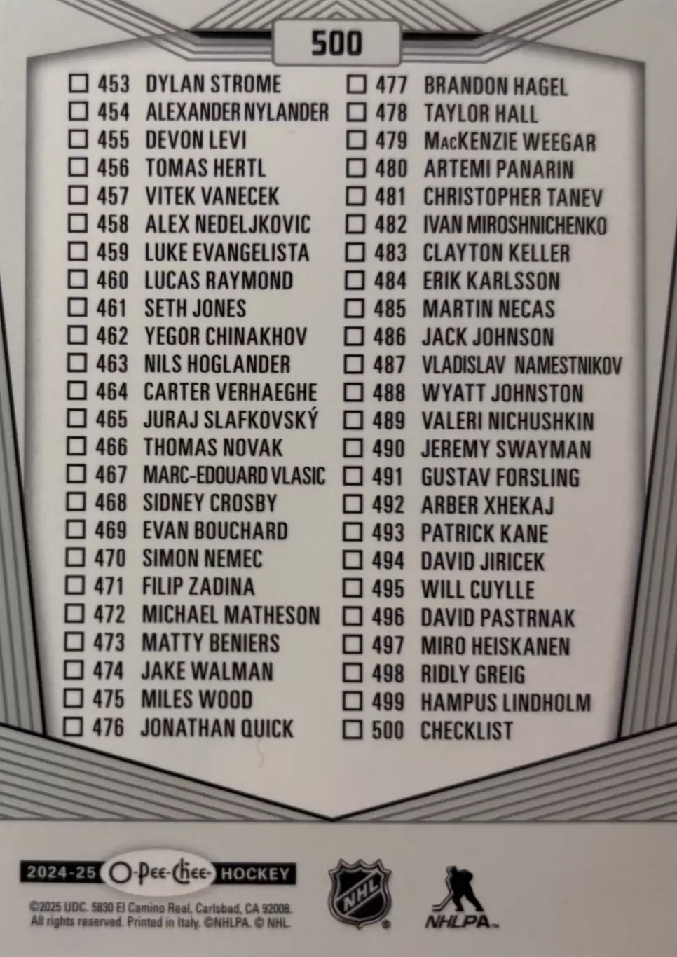 Хоккей. Карточка Checklist/Чеклист коллекции 2024-2025 O-Pee-Chee Hockey НХЛ/NHL 1