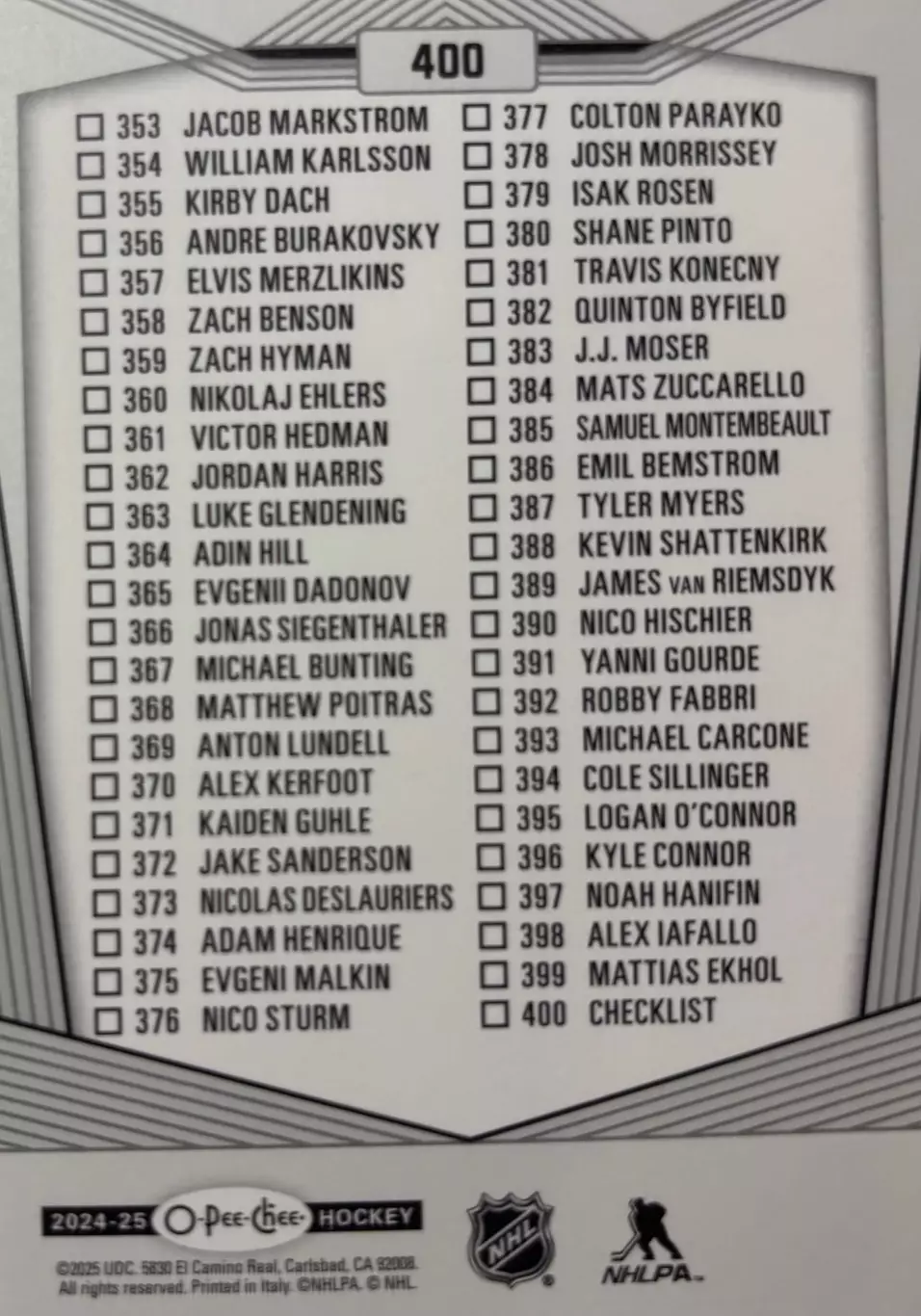 Хоккей. Карточка Checklist/Чеклист коллекции 2024-2025 O-Pee-Chee Hockey НХЛ-NHL 1