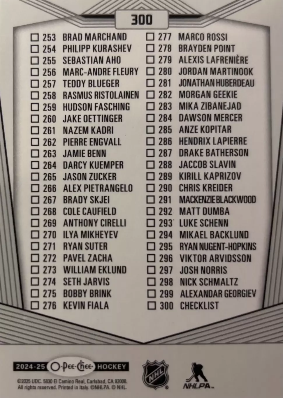 Хоккей. Карточка Checklist/Чеклист коллекции 2024-2025 O-Pee-Chee Hockey НХЛ-NHL 1