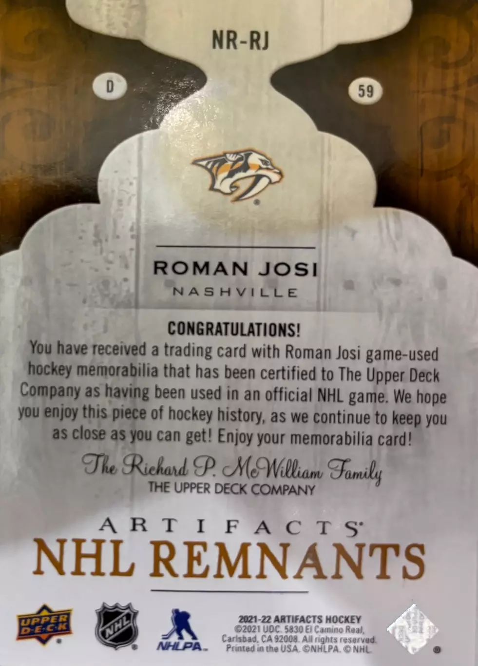 Хоккей. Карточка Roman Josi/Роман Йоси Nashville Predators/Нэшвилл НХЛ/NHL 1