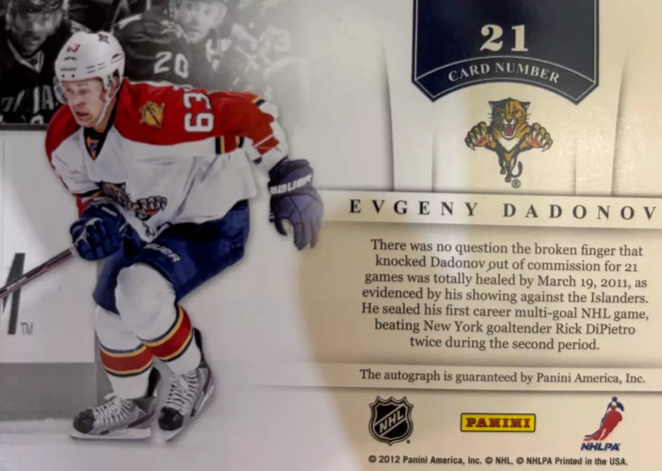 Карточка Евгений Дадонов Florida Panthers/Флорида, СКА, Трактор, Донбасс НХЛ/КХЛ 1