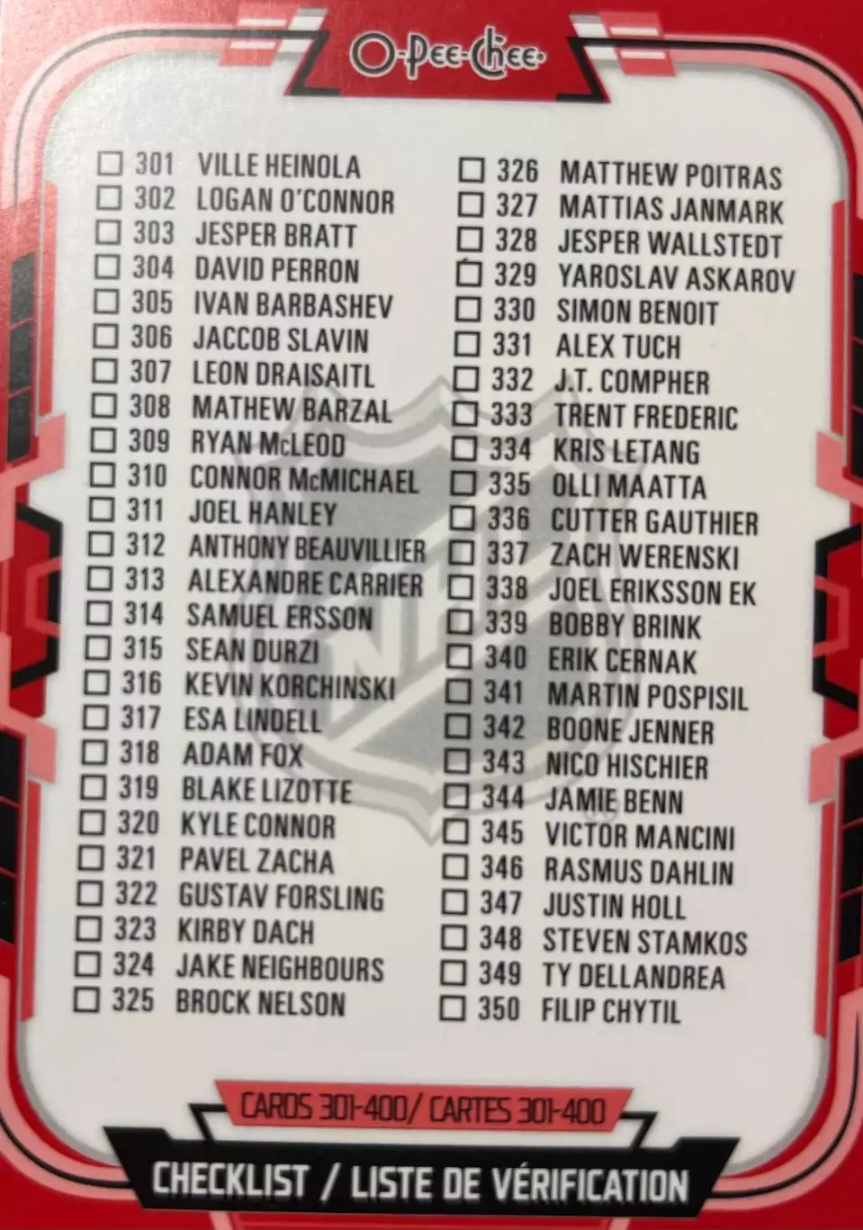 Хоккей. Карточка Checklist/Чеклист коллекции 2025-2026 O-Pee-Chee Hockey НХЛ/NHL