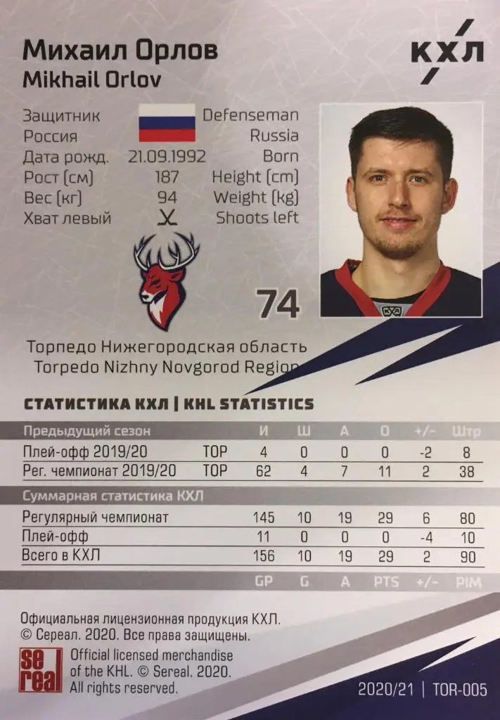 Хоккей. Карточка Михаил Орлов Торпедо Нижегородская обл. КХЛ/KHL сезон 2020/21 1