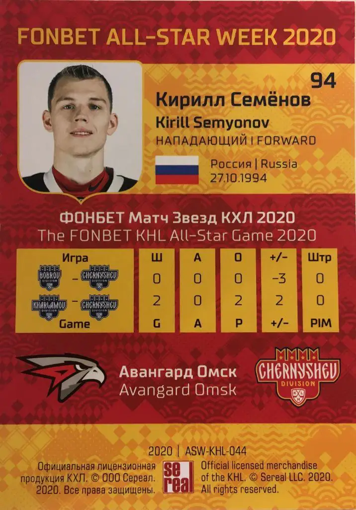 Хоккей. Карточка Кирилл Семенов Авангард Омск КХЛ/KHL Неделя Звезд Хоккея 2020 1
