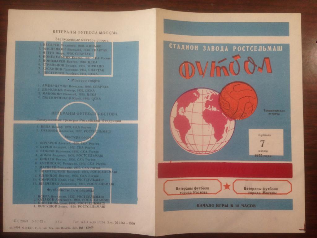 Ветераны футбола Ростова - Ветераны футбола Москва. 1975 Товарищеский матч