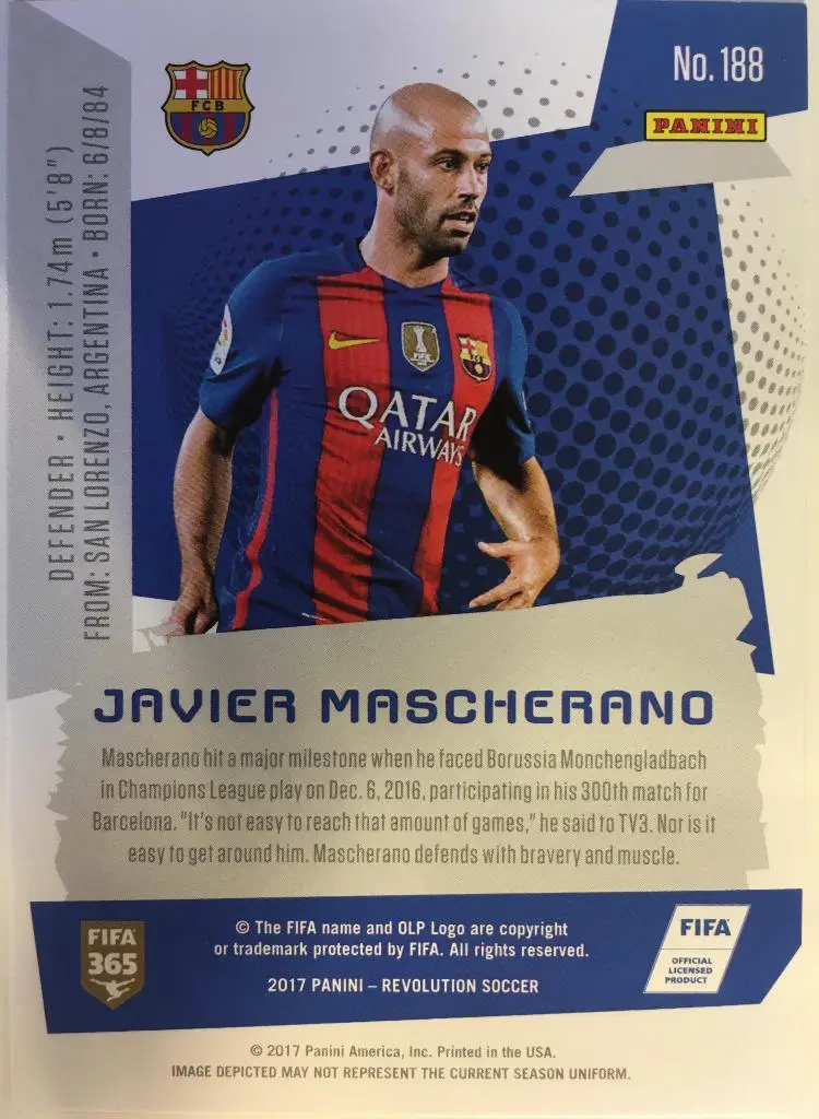 Футбол. Карточка Mascherano/Хавьер Маскерано Барселона, Ливерпуль Panini 2017 1