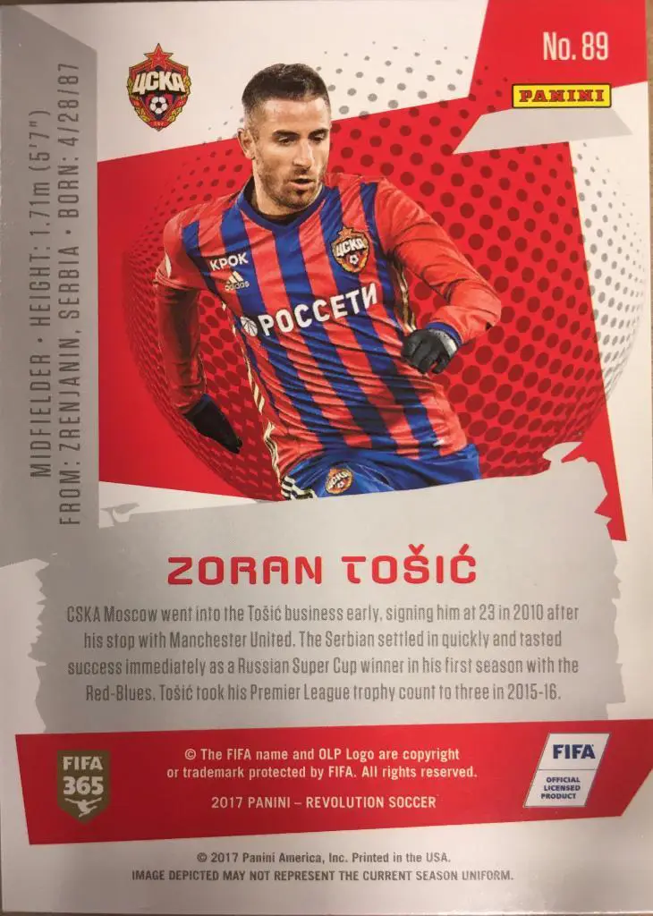 Футбол Карточка Zoran Tosic/Зоран Тошич ЦСКА Москва, Партизан Panini/Панини 2017 1